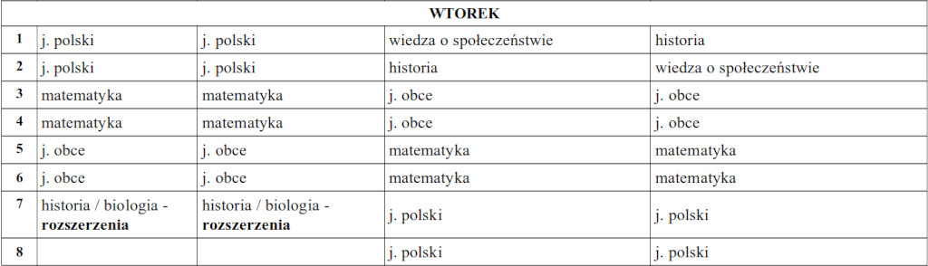 Wtorkowy plan zajęć lekcyjnych w Siedemnastce